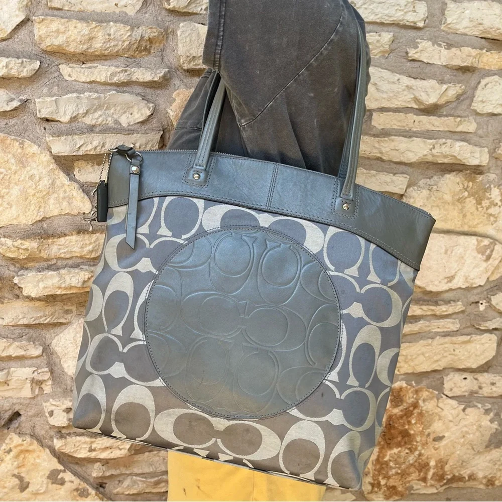 Coach Gray Metallic Laura Signature #18335 Leather Bag
